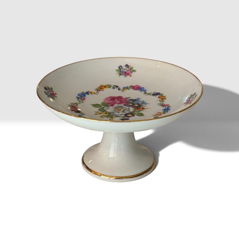 Kuba Bavaria Footed Compote 7.25" - Dresden Flowers Garland Gold Trim Candy Dish